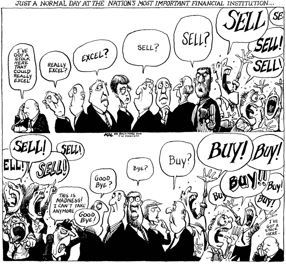 A cartoon of stock market traders mishearing the words "buy" and "sell" and panicking