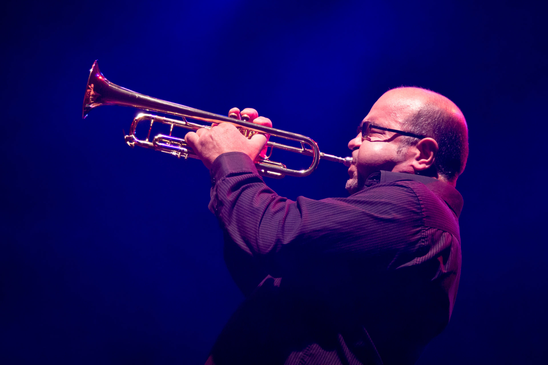 Reinaldo Melián, trumpeter of Chucho Valdés & The Afro-Cuban Messengers, at a concert in Teatro Circo Price, Madrid, Spain.