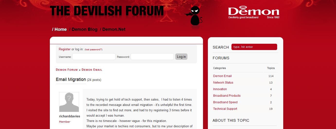 Screenshot of Demon Internet customer forum