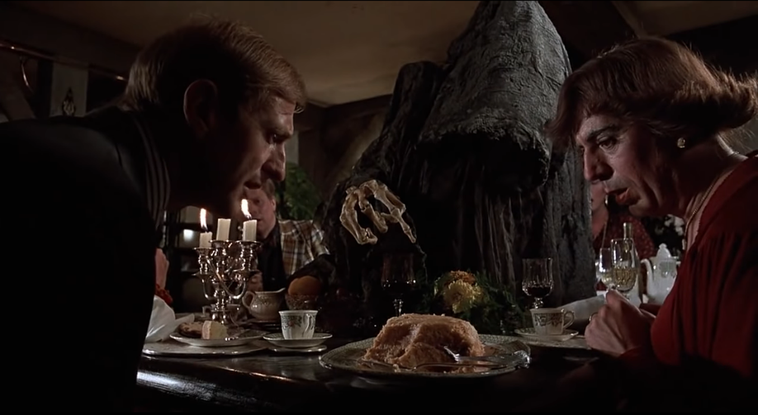 "It was the salmon mousse" says the Grim Reaper in Monty Python's The Meaning Of Life