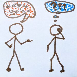 A drawing of two stick figures having different and confusing conversations