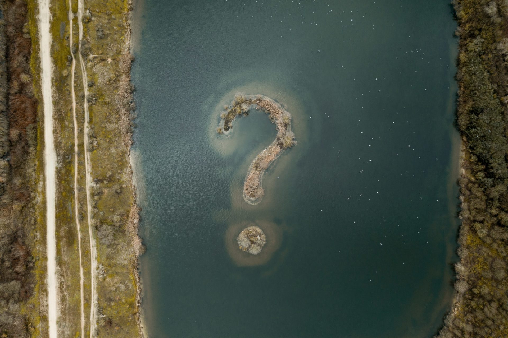 Aerial view of green and brown island shaped like a question mark. (Photo by Jules Bss on Unsplash)