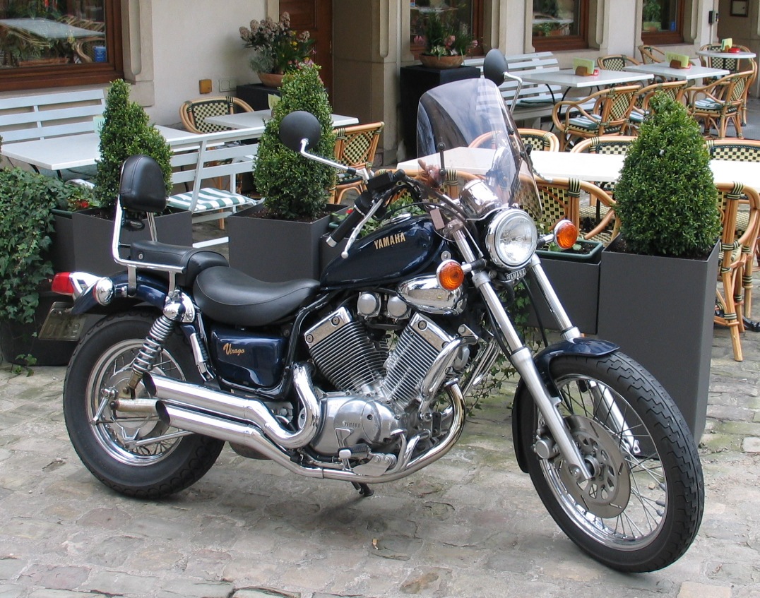 A Yamaha Virago XV750 motorbike on its sidestand