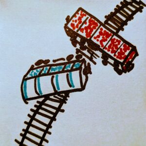 Drawing of toy trains derailed
