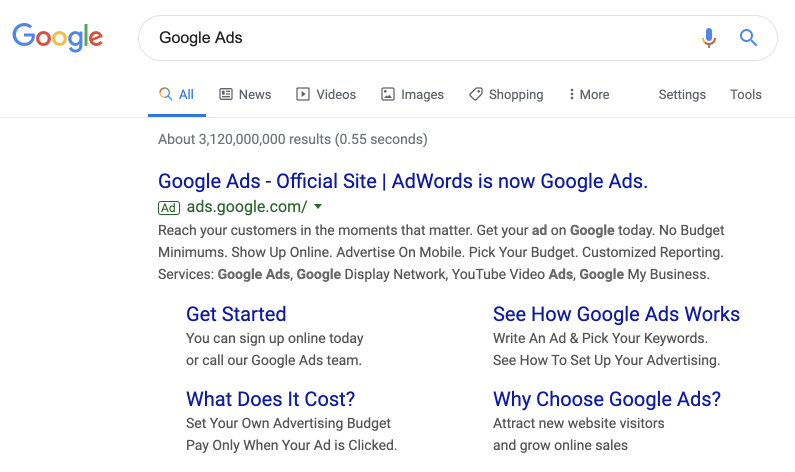 Google Ads paid search example