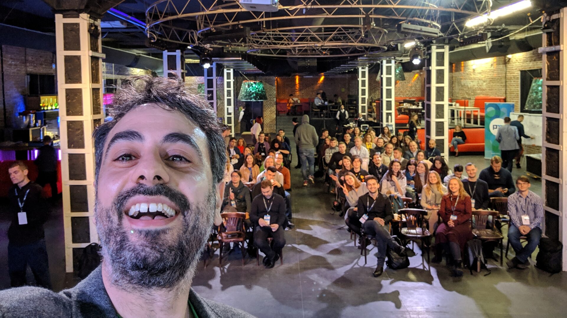 Jock Busuttil takes a selfie with the audience at ProductCamp L'viv in Ukraine in 2018