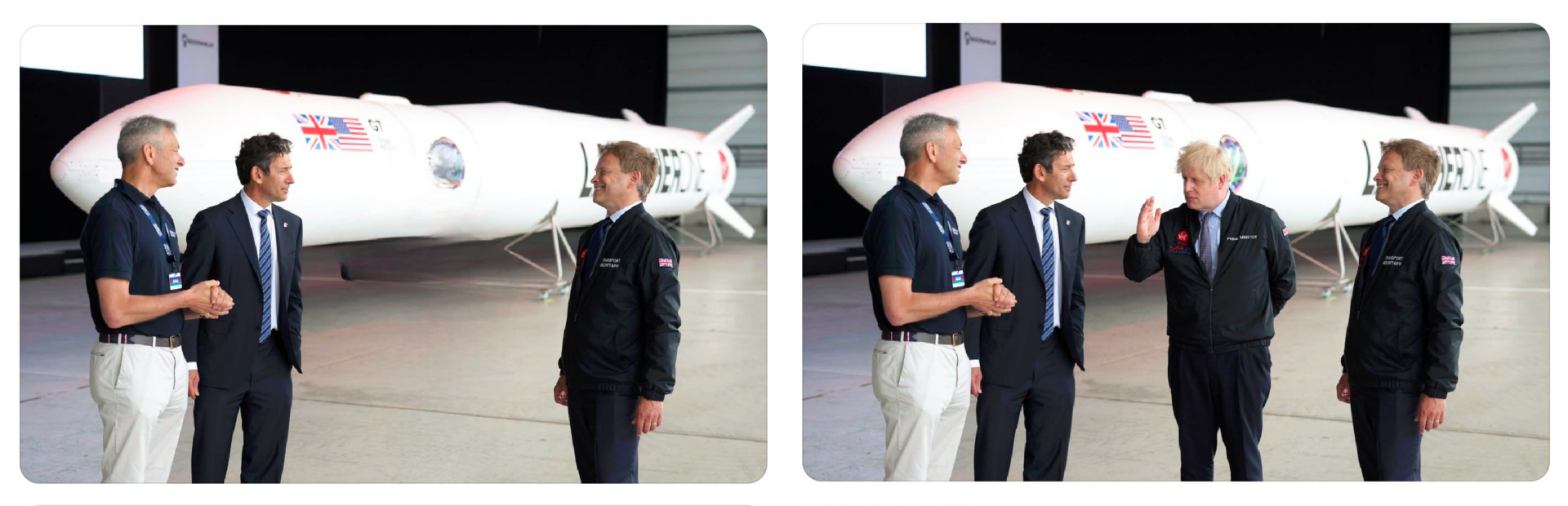 Two photos from a Virgin Orbit launch event, one with former UK Prime Minister Boris Johnson edited out (Credit: @GarethDennis on Twitter)