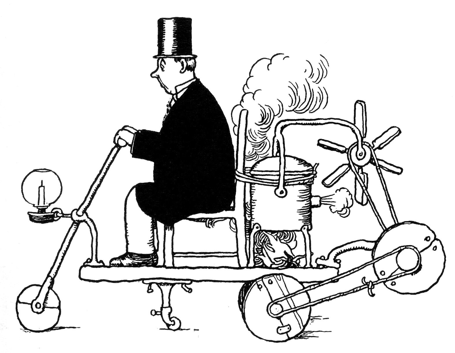 An illustration by W. Heath Robinson featuring a steam-powered tricycle